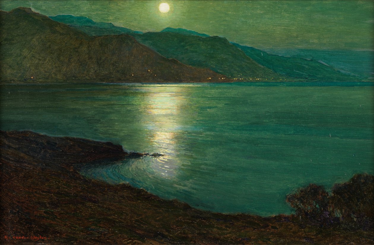 Moonlight - The Lights of Ventimiglia (öljy kankaalle laitettu aluksella) tekijältä Harry van der Weyden