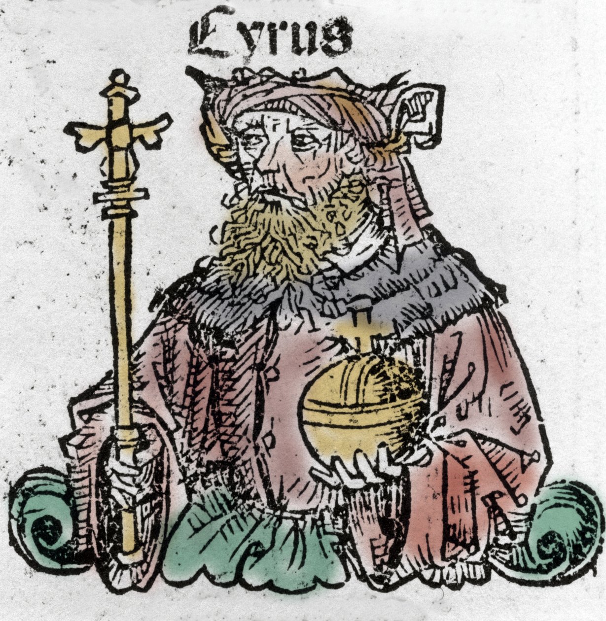 Kyros II (529 eKr.), joka tunnetaan nimellä Kyros Suuri, Persian valtakunnan perustaja, Hartmann Schedelin "" Nürnbergin aikakirjat" -ksylografia tekijältä Hartmann Schedel