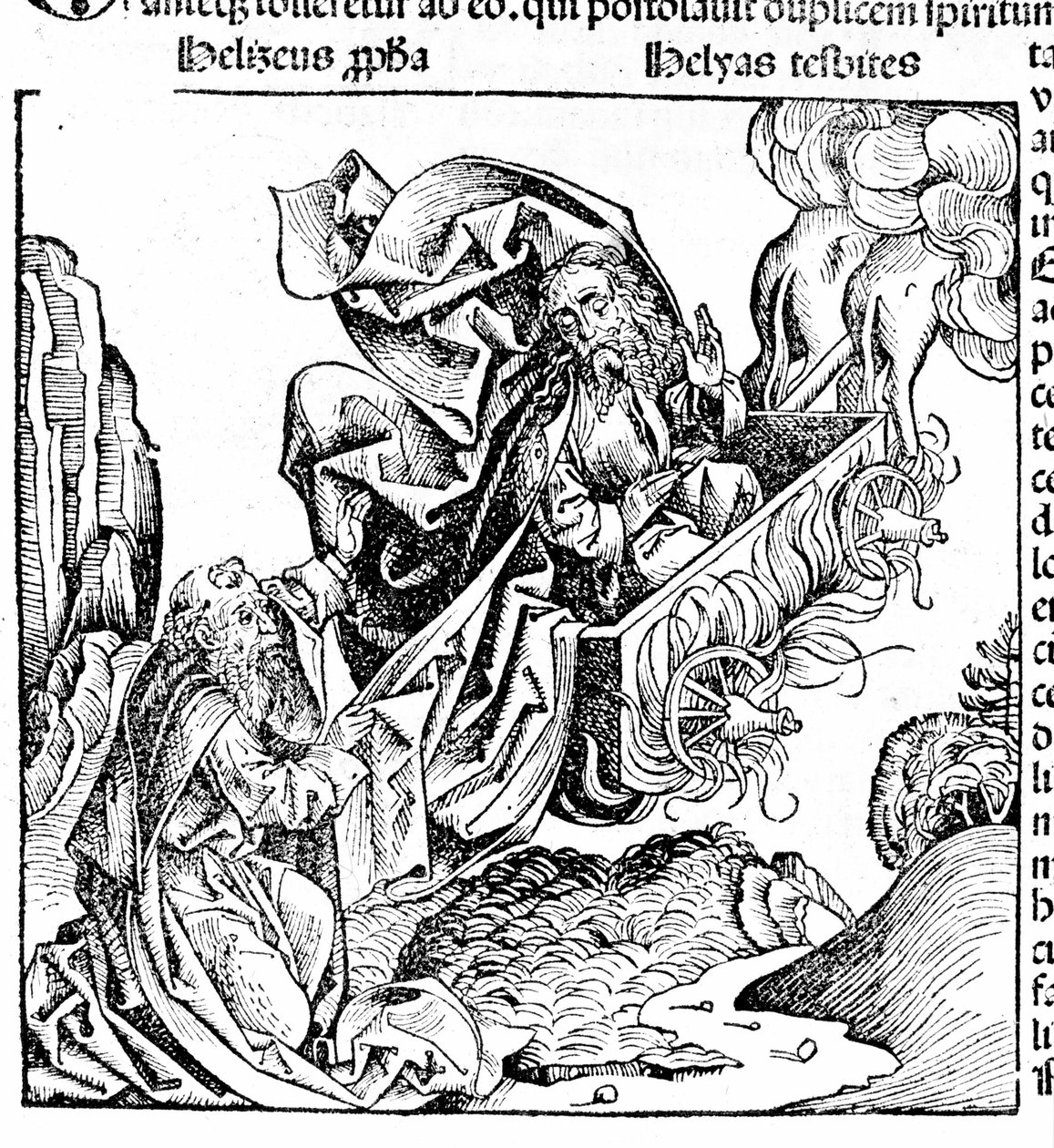 Elia nousee tulivaunuissa ja jättää tilansa Eliselle. Hartmann Schedel: Nürnbergin kronikka. Nürnberg 1497 tekijältä Hartmann Schedel