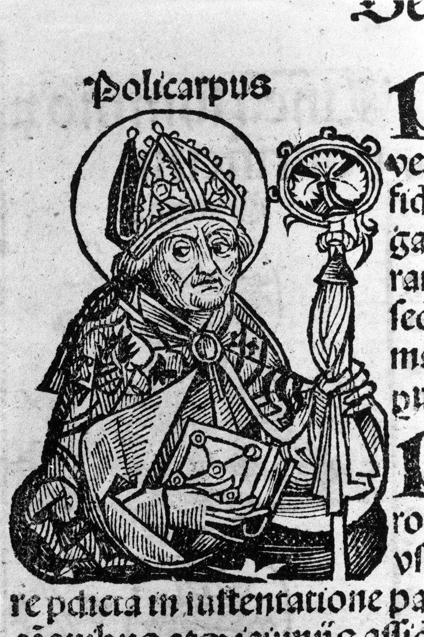 Pyhän Polykarpos Smyrnalaisen (n. 69-155) muotokuva, eveque. Kaiverrus Schedel Hartmannin (1440-1514) "" Nürnbergin kronikoista" tekijältä Hartmann Schedel