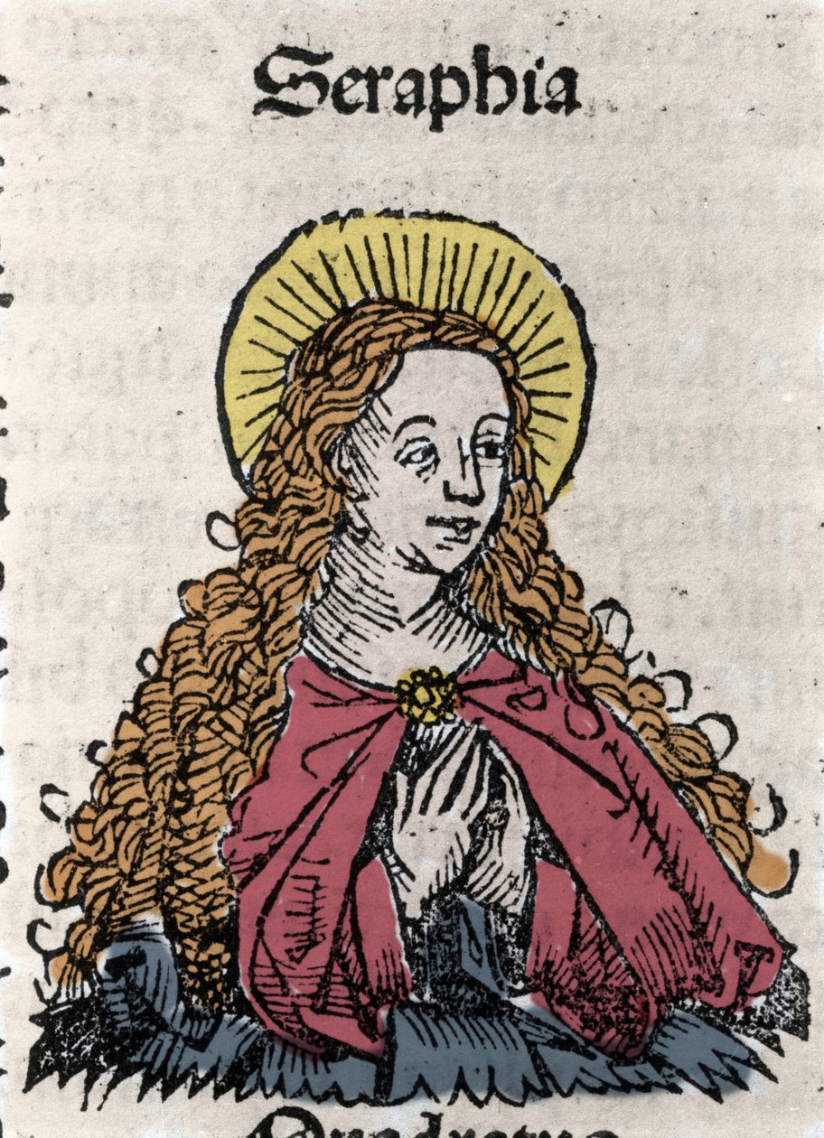 Pyhän Serafian (Serapia) (Syyrian Seraphia), 2. vuosisadan kristityn marttyyri, muotokuva. Hartmann Schedelin "" Nürnbergin kronikoista"". tekijältä Hartmann Schedel