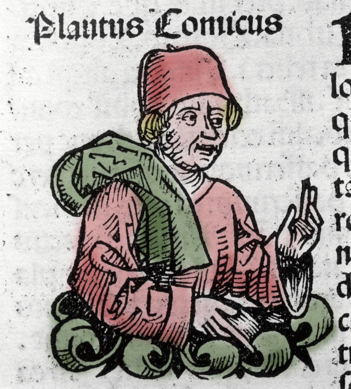Sarjakuvan kirjoittaja Plauten muotokuva (Titus Maccius Plautus) (259/251-184 eKr.) Hartmann Schedelin "" Nürnbergin aikakirjat" -ksylografia tekijältä Hartmann Schedel