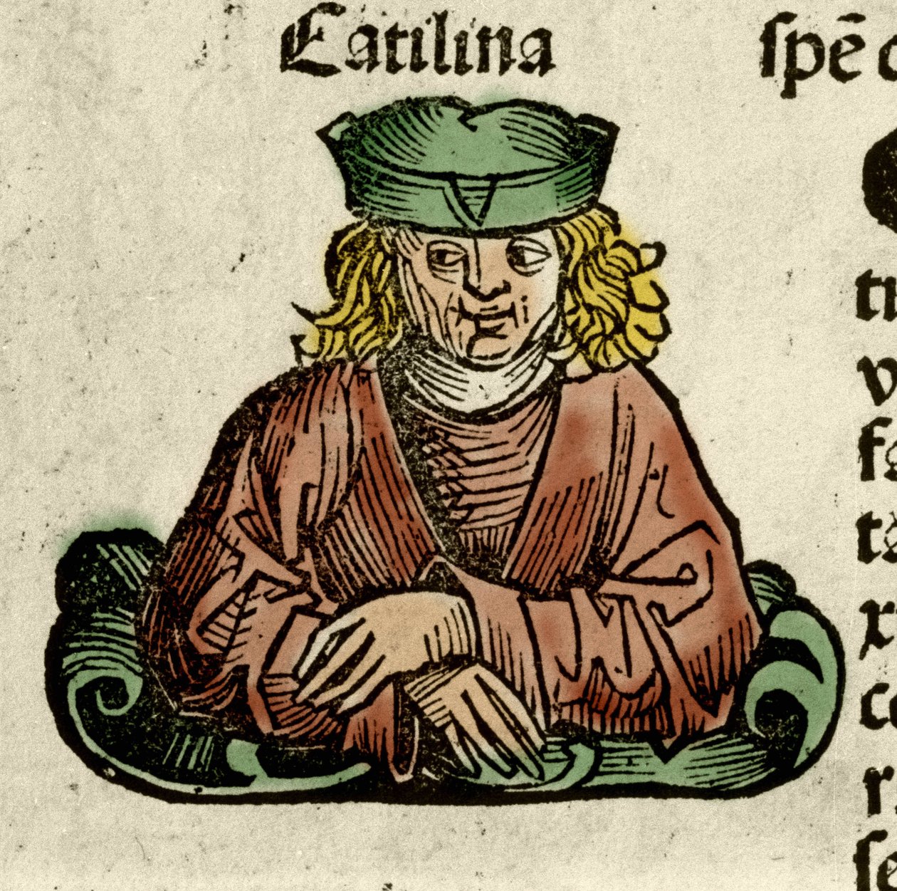 Edustaa Catilinaa (Lucius Sergius Catilina) (108-62 eKr.), roomalaista poliitikkoa, joka teki salaliiton senaattia vastaan. Kaiverrus Hartmann Schedelin "" Liber chronicarum" -kirjasta tekijältä Hartmann Schedel