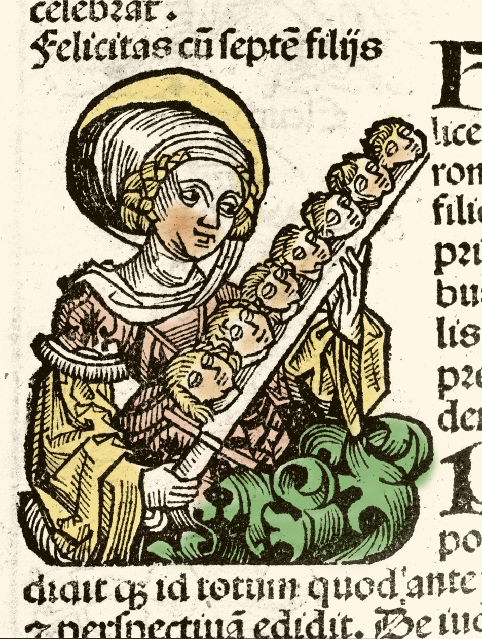 Pyhä Felicite, marttyyrikuolema Roomassa, hänen seitsemän lapsensa pään edustus. Hartmann Schedelin ksylografia "" Nürnbergin aikakirjat""" 1493. tekijältä Hartmann Schedel