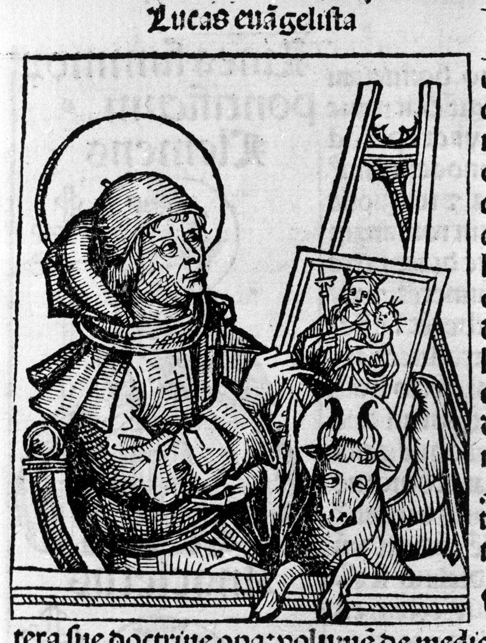 Evankelista Pyhän Luukkaan edustus. Kaiverrus Hartmann Schedelin teoksesta "Liber chronicarum" (Nürnbergin kronikot) 1493 tekijältä Hartmann Schedel