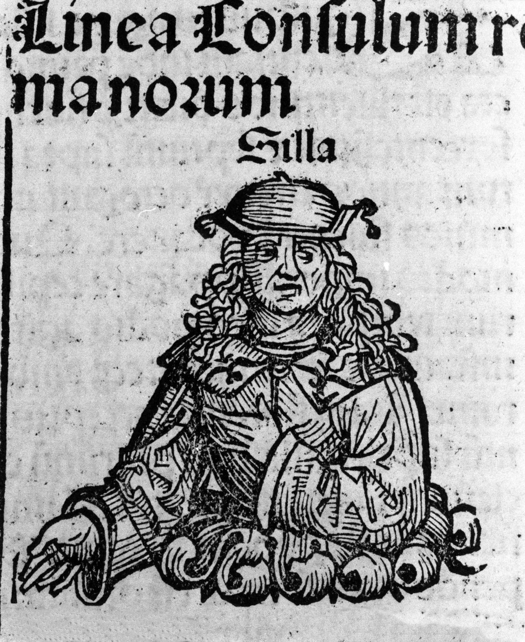 Roomalaisen poliitikon Lucius Cornelius Sullan (tuoli tai Sylla) (138-68 eKr.) esitys Hartmann Schedelin "" Nürnbergin aikakirjat" -ksylografia tekijältä Hartmann Schedel