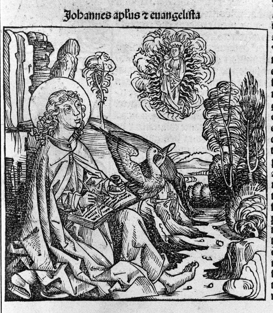Evankelista Pyhän Johanneksen edustus. Kaiverrus Hartmann Schedelin teoksesta "Liber chronicarum" (Nürnbergin kronikot) 1493 tekijältä Hartmann Schedel