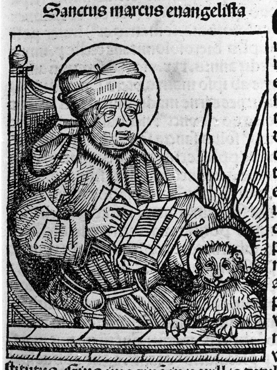 Evankelista Pyhän Markuksen edustus. Kaiverrus Hartmann Schedelin teoksesta "Liber chronicarum" (Nürnbergin kronikot) 1493 tekijältä Hartmann Schedel