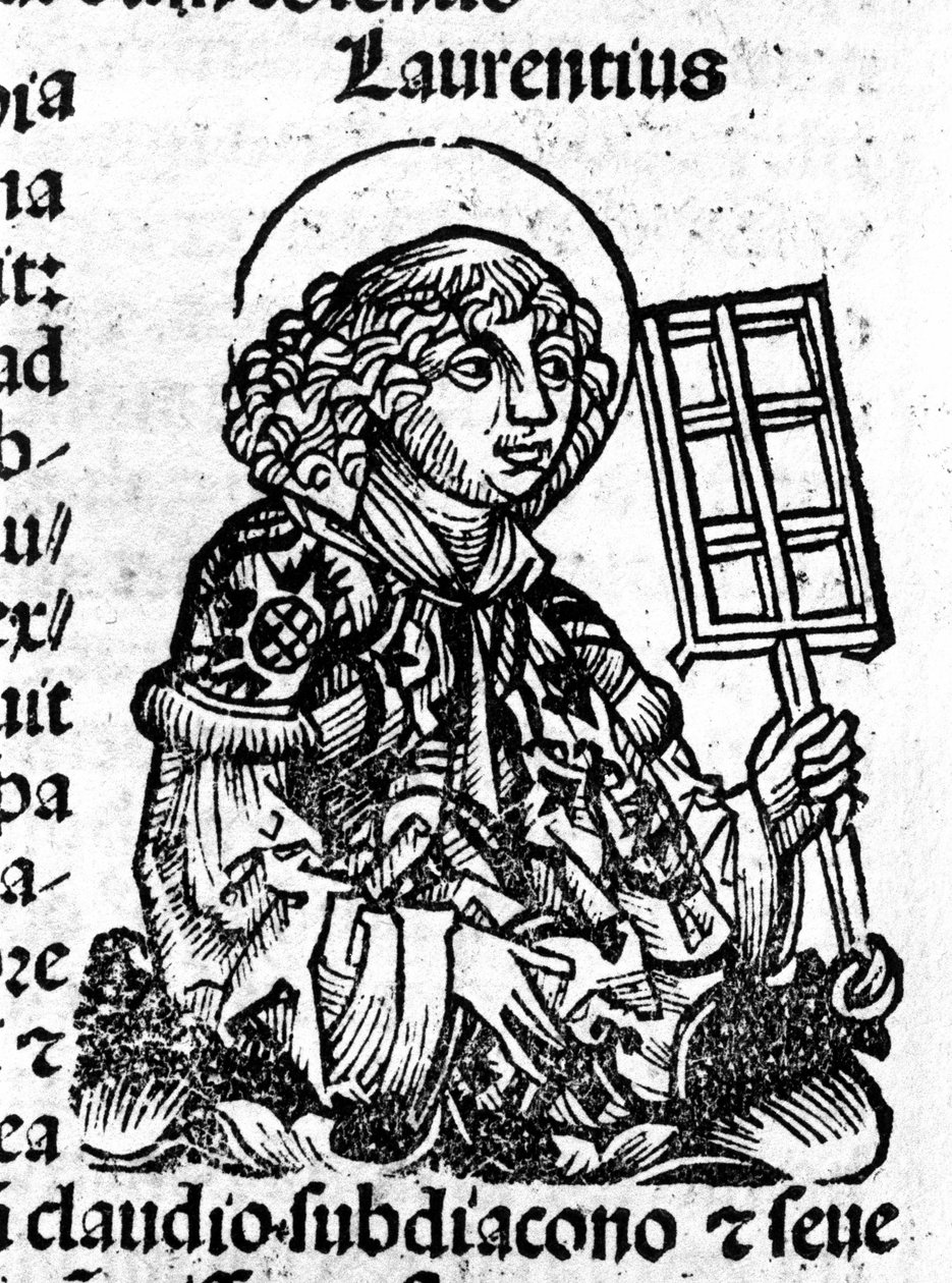 Saint Laurent pitää kädessään grilliä, marttyyrikuolemansa välinettä. Kaiverrus Hartmann Schedelin "Liber Chronicarumista" tekijältä Hartmann Schedel