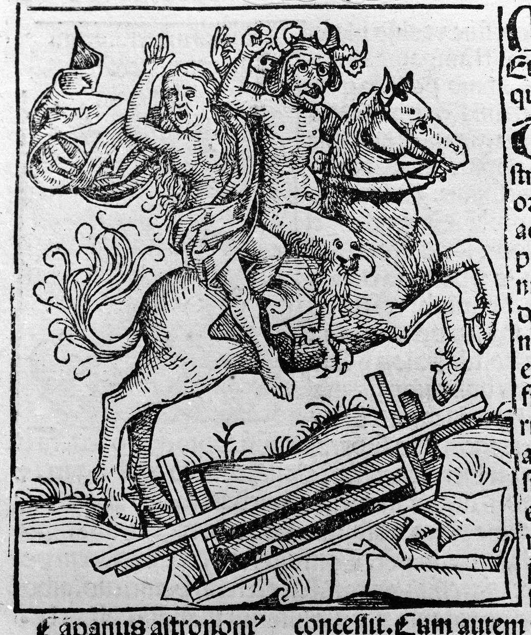 Kuningas, noita ja Berkeley-rupikonna William of Malmesbury "" Demonien arkusta kaivettujen Berkeley Witchin esitys""" Hartmann Schedelin kaiverrus "" Liber chronicarum"" Nürnberg 1493 tekijältä Hartmann Schedel