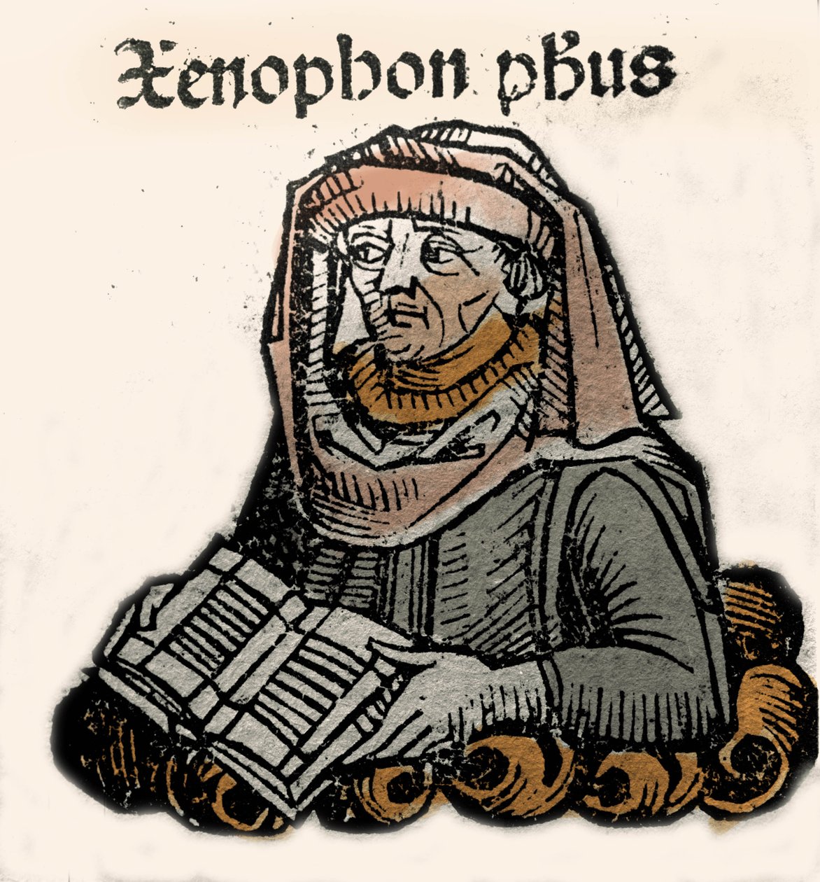 Ksenofon Ateenalainen, kreikkalainen filosofi ja historioitsija (n. 430–355 eKr.). Hartmann Schedelin ksylografia "" Nürnbergin aikakirjat"" 1493. tekijältä Hartmann Schedel