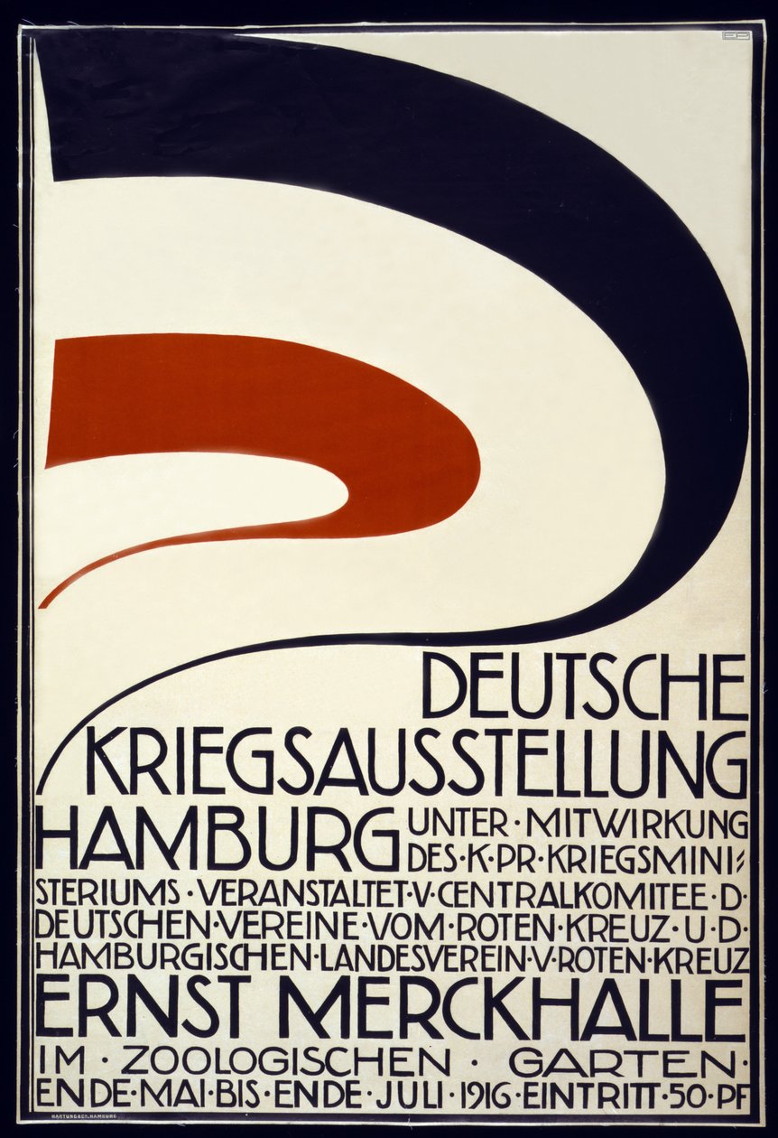 Juliste, joka mainostaa Punaisen Ristin Deutsche Kriegsausstellungin sponsoroimaa sotanäyttelyä, Hampuri touko-heinäkuu 1916, 1916 tekijältä Hartung and Co.