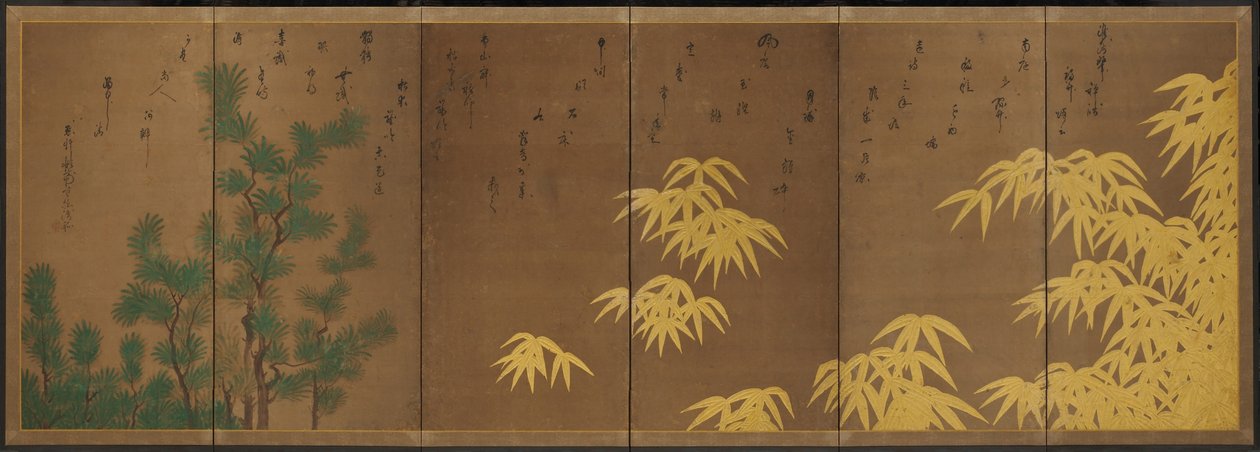Bambu ja kiinanpihlaja, noin 1605-10 (kuusiruutuinen taittokangas: muste, väri ja kulta paperille). tekijältä Hasagawa & Sodon Tetsuzan (1531 1617) (attr.) Tohaku