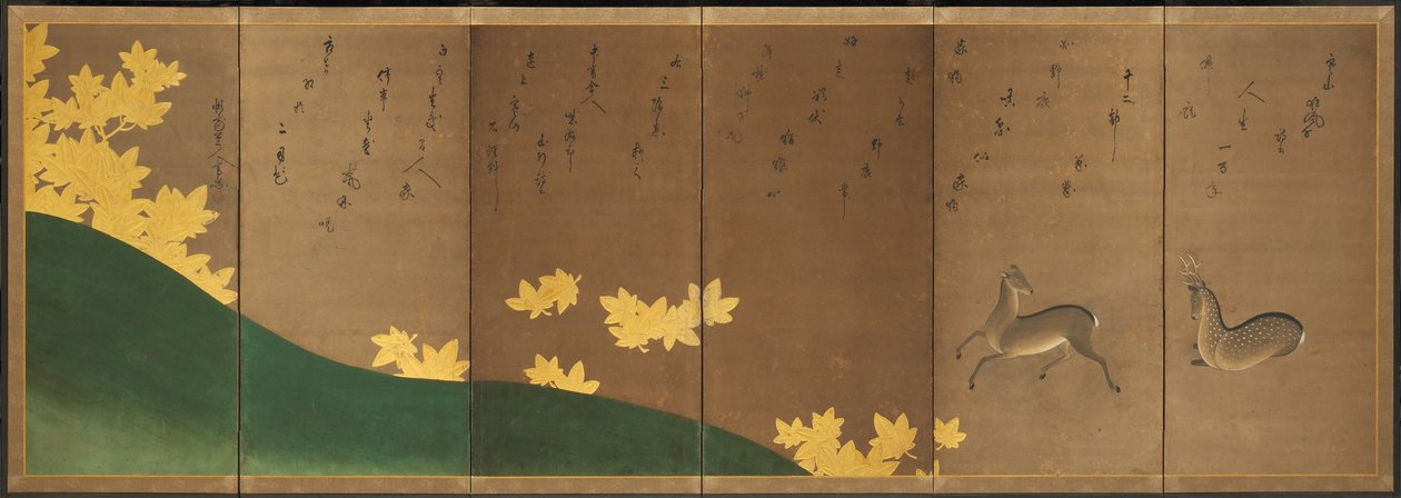 Peura ja vaahterat, n.1605-10 (kuusiruutuinen taittokangas: muste, väri ja kulta paperille). tekijältä Hasagawa & Sodon Tetsuzan (1531 1617) (attr.) Tohaku