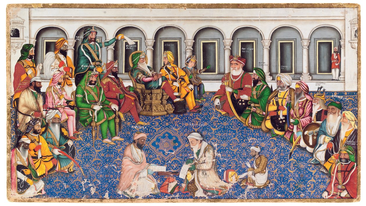 Maharaja Ranjit Singhin Darbar, noin 1850 (läpinäkymätön wc ja kulta paperille). tekijältä Hasan al Din