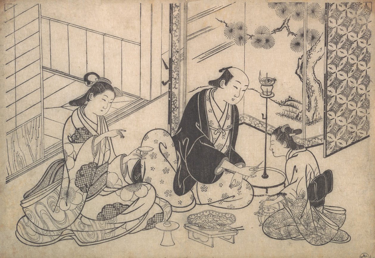 Sisustus, kolme hahmoa: Sake Party, n. 1730. tekijältä Hasegawa Mitsunobu