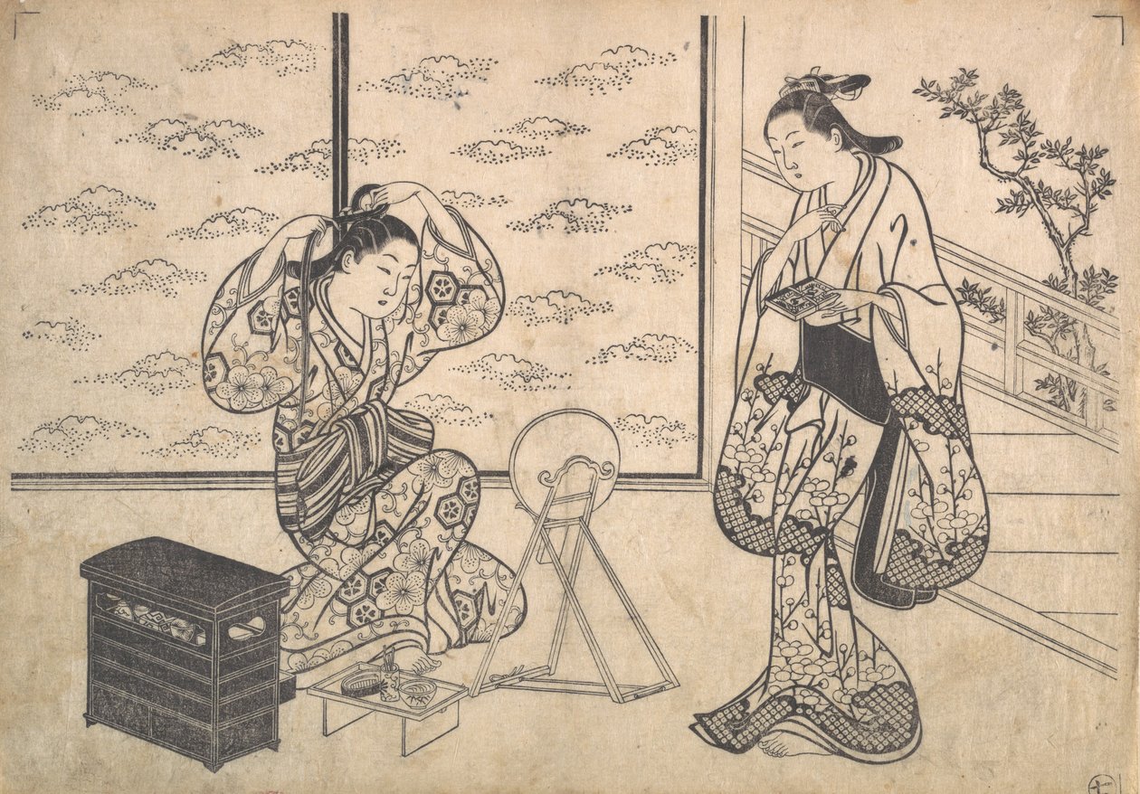 Kaksi naista avautuvassa huoneessa verannalla, n. 1730. tekijältä Hasegawa Mitsunobu