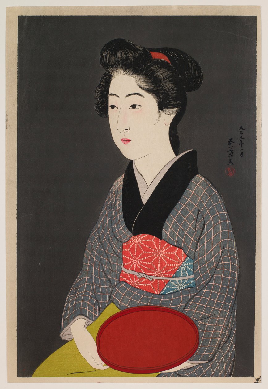 Tarjoilija pitelee tarjotinta (Onaon muotokuva, Matsuyoshi Innin piika, Kioto) tekijältä Hashiguchi Goyô