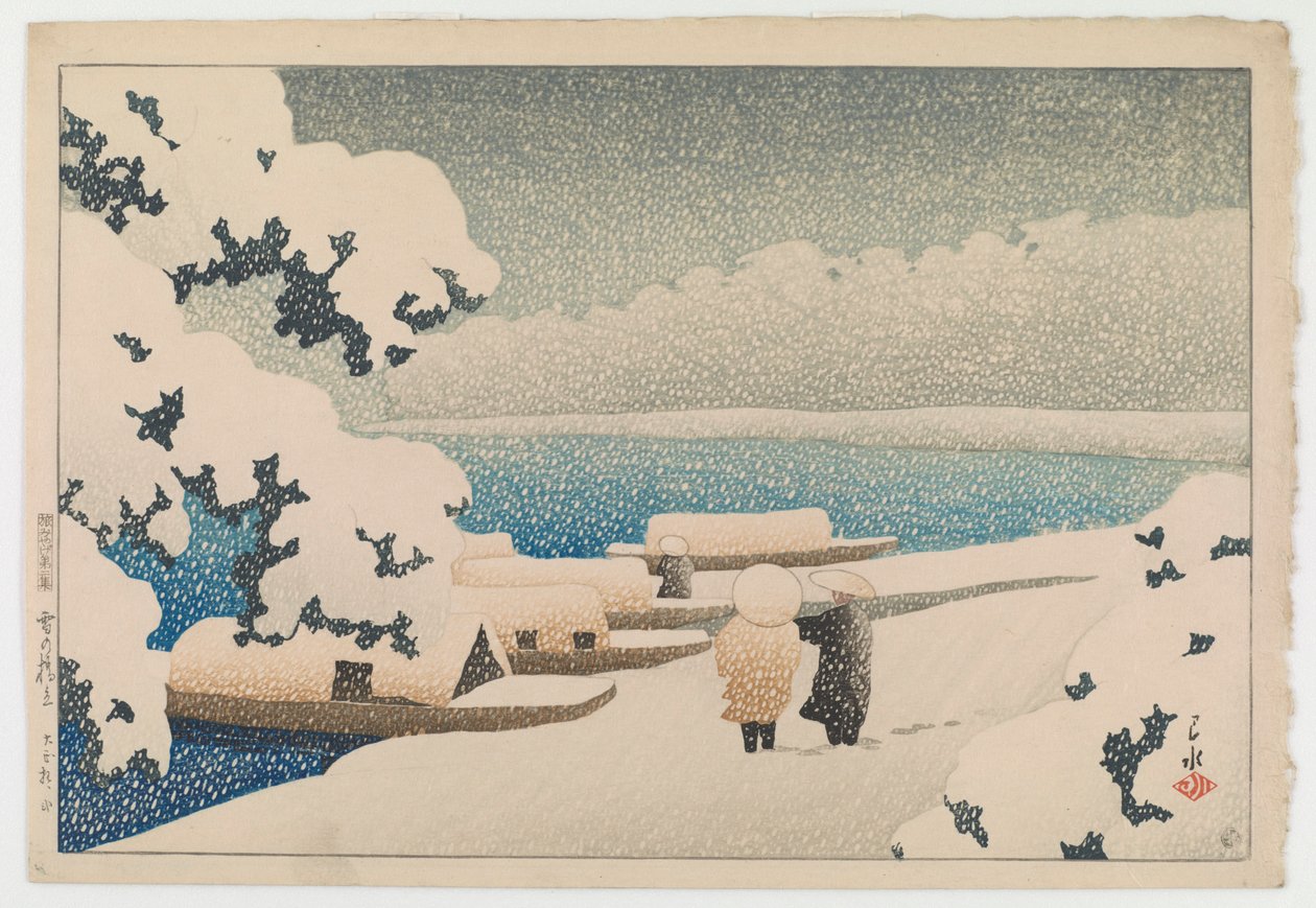 Lunta Hashidatessa (Yuki no hashidate), sarjasta Matkamuistoja II (Tabi miyage dai nishū). tekijältä Hasui Kawase
