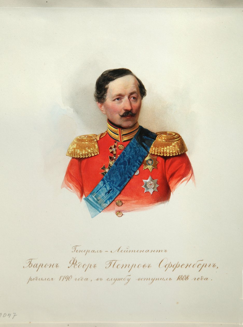 Kenraaliparoni Fjodor Petrovich von Offenbergin muotokuva 1789-1857 Imperiumin hevosvartijoiden albumista, 1846-1849 tekijältä Hau