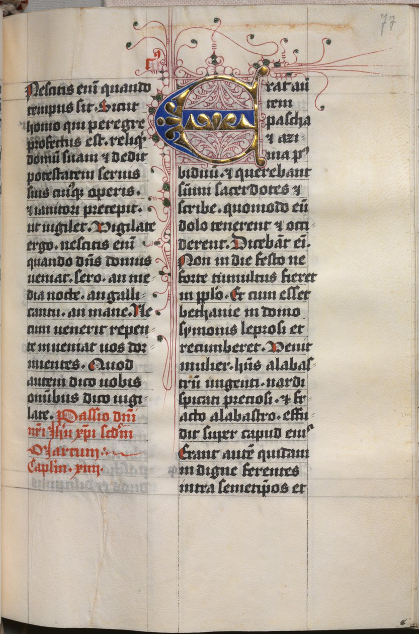 Evankeliumikirja evankelistamuotokuvilla: koristeltu alkukirjain, n. 1480. tekijältä Hausbuch Master