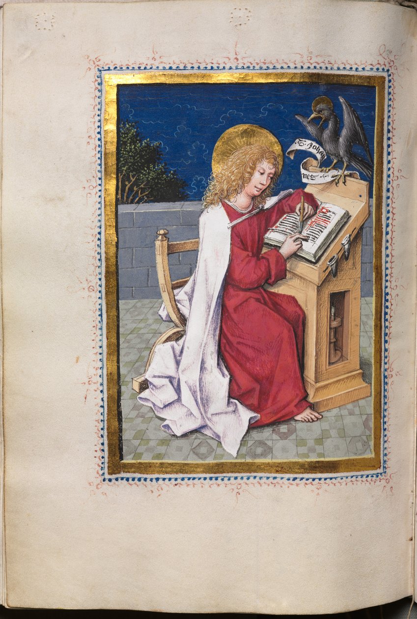 Evankeliumikirja evankelistamuotokuvilla: Pyhä Johannes, n. 1480. tekijältä Hausbuch Master