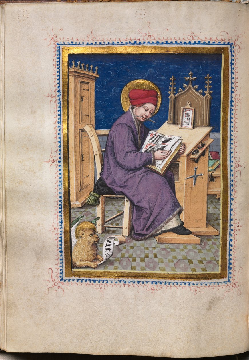 Evankeliumikirja evankelistamuotokuvilla: Pyhä Markus, n. 1480. tekijältä Hausbuch Master