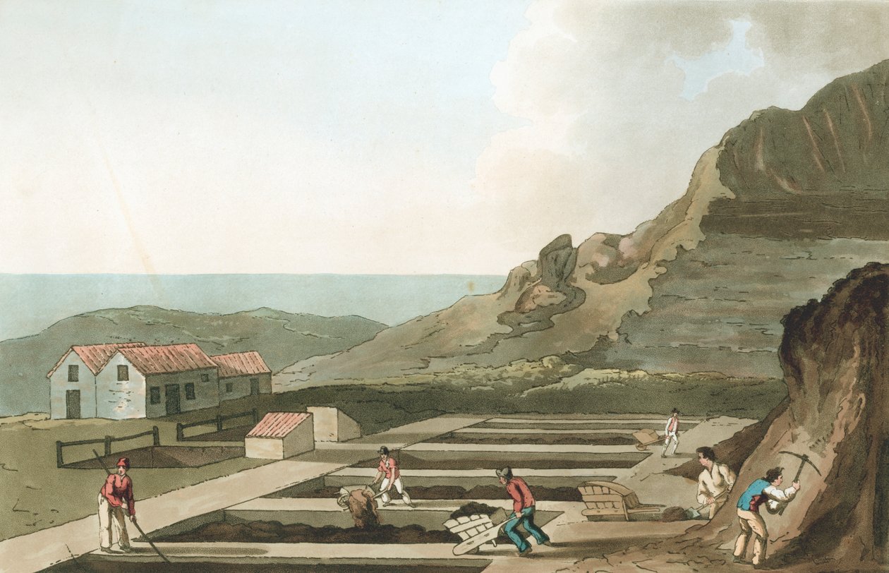 Yleiskuva alunateoksista Whitbyn alueella, Yorkshiressa, 1814 tekijältä Havell and Son