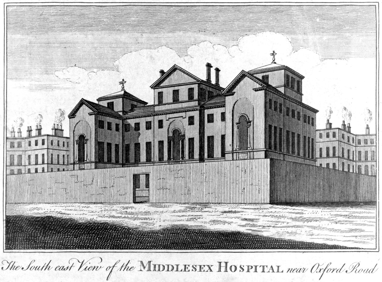 Kaakkoisnäkymä Middlesexin sairaalasta, 1745 tekijältä Haynes King
