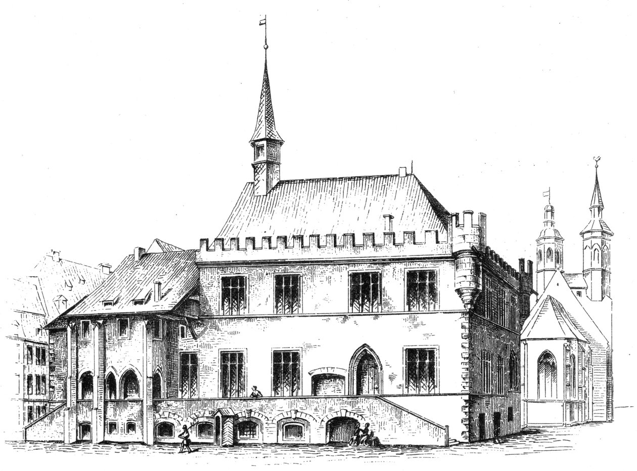 Vanha kaupungintalo Göttingenissä, eteläisessä Ala-Saksissa, H. W. H. Mithoffin piirustus 1869. Alkuperäinen kuvateksti tekijältä Hector Wilhelm Heinrich Mithoff