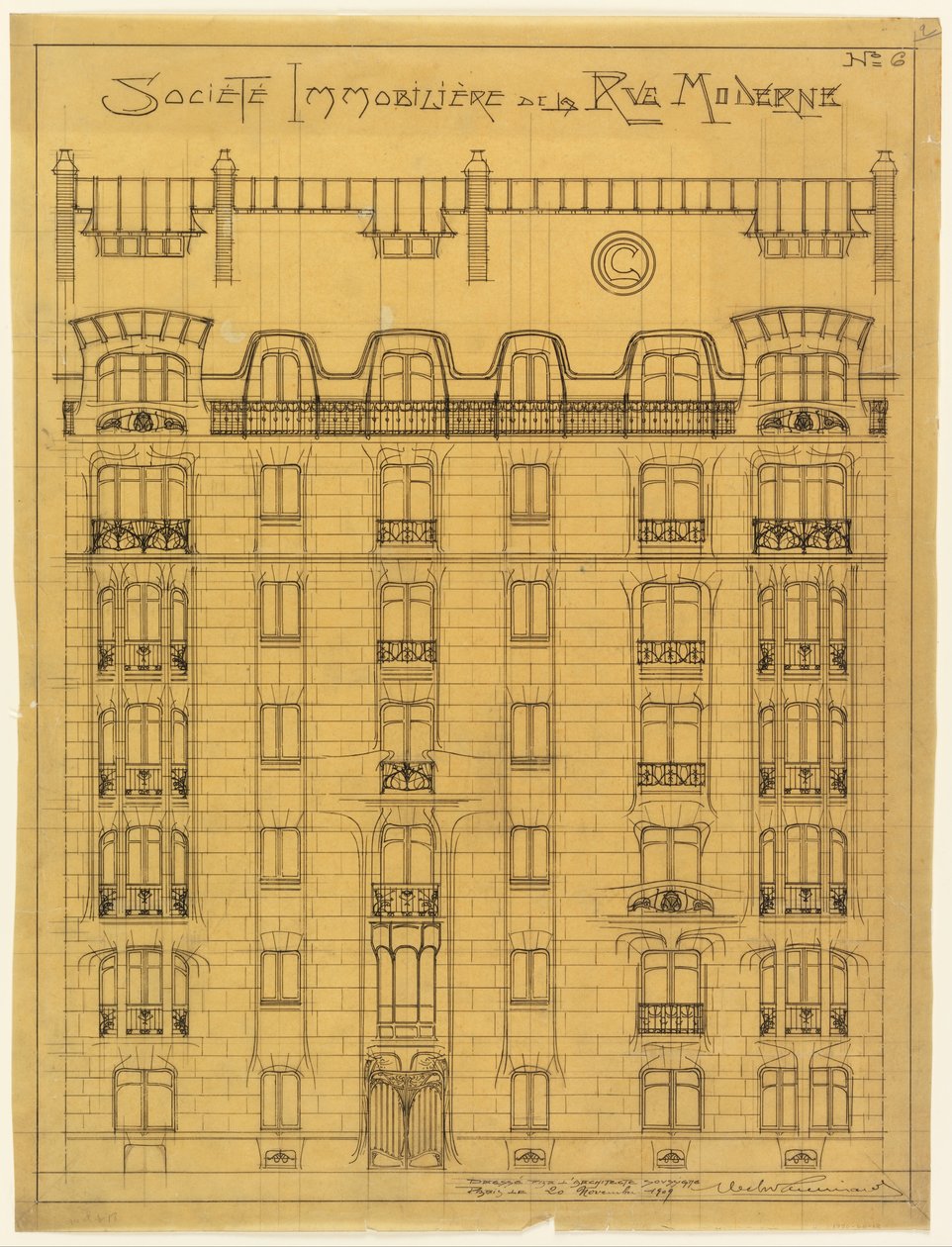 Suunnitelma Societé Immobilière de la Rue Modern, nro 6 -yhtiön julkisivun julkisivuksi. tekijältä Hector Guimard