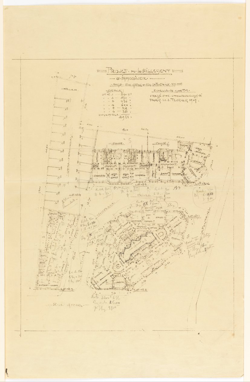 Suunnitelma, Project de Lotillement, rue Gros ja rue de la Fontaine, Pariisi tekijältä Hector Guimard