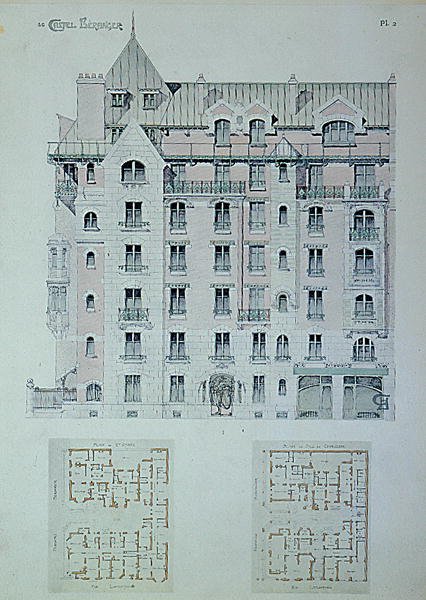 Castel-Berangerin julkisivu ja pohjapiirros, kuvitus Hector Guimardin (1867-1942) kirjasta (värilitho) tekijältä Hector Guimard