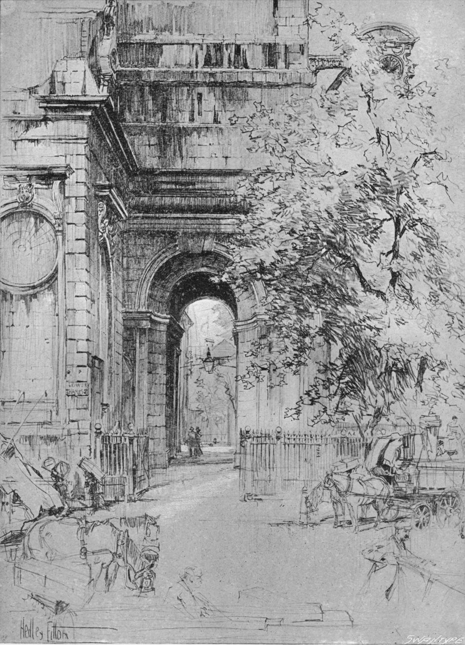 "London Bridgen vanha sisäänkäynti St. Magnuksen tornin alla", n. 1902, 1903 tekijältä Hedley Fitton