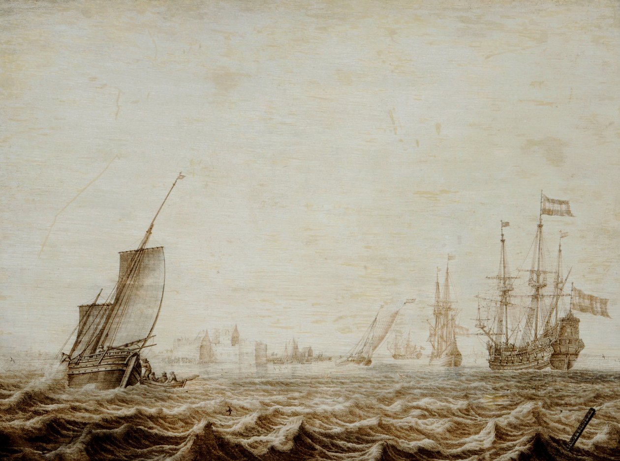 Wijdschip laskee purjeen aaltoilevalla merellä, 1600-luvun puoliväli (öljy paneelille). tekijältä Heerman Witmont