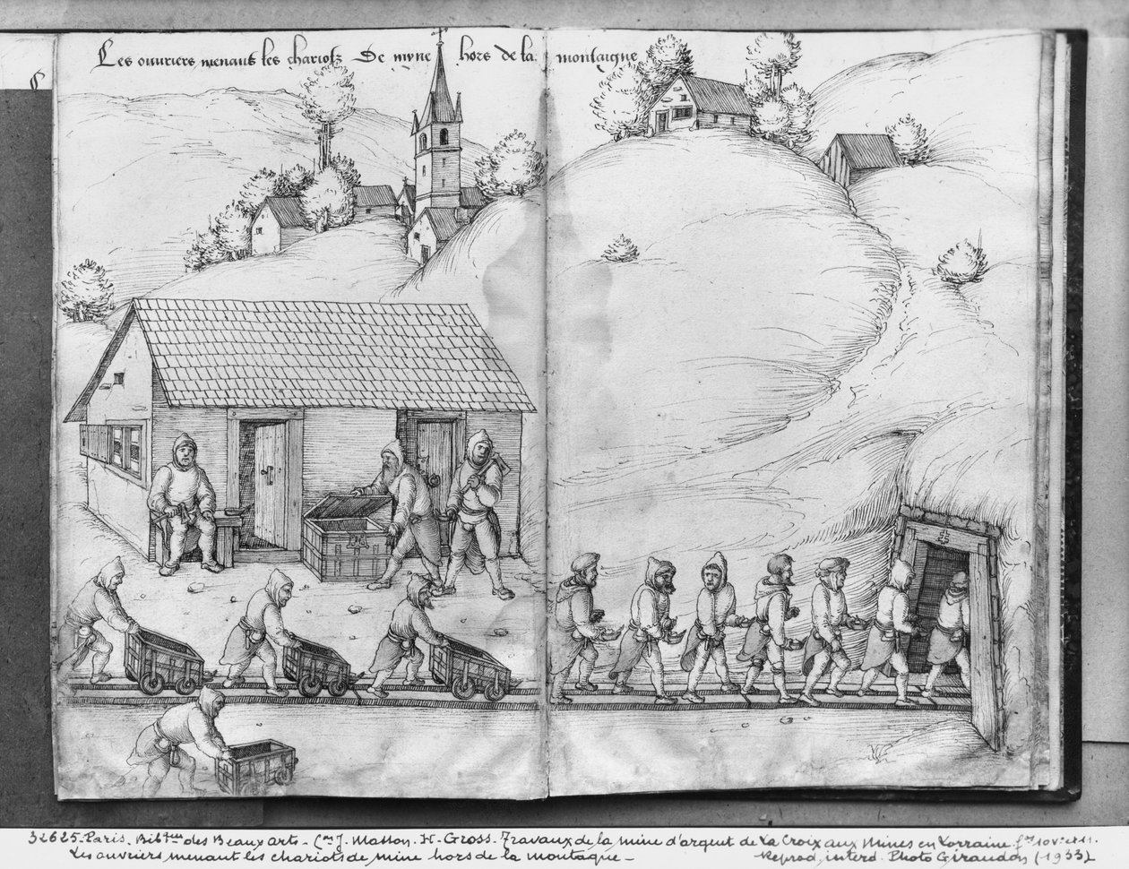 La Croix-aux-Minesin hopeakaivos, Lorraine, fol.10v ja fol.11r, kaivostyöntekijät työntävät kuorma-autoja, n. 1530 (kynä, muste ja wc paperilla) tekijältä Heinrich Gross or Groff