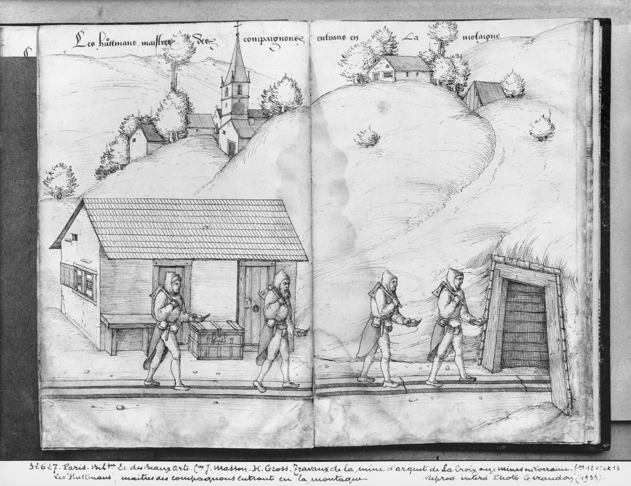 Hopeakaivos La Croix-aux-Minesista, Lorrainesta, fol.12v ja fol.13r, "huttmanit", kumppaneiden mestarit, saapumassa kaivokselle, n. 1530 (kynä, muste ja wc paperilla) tekijältä Heinrich Gross or Groff