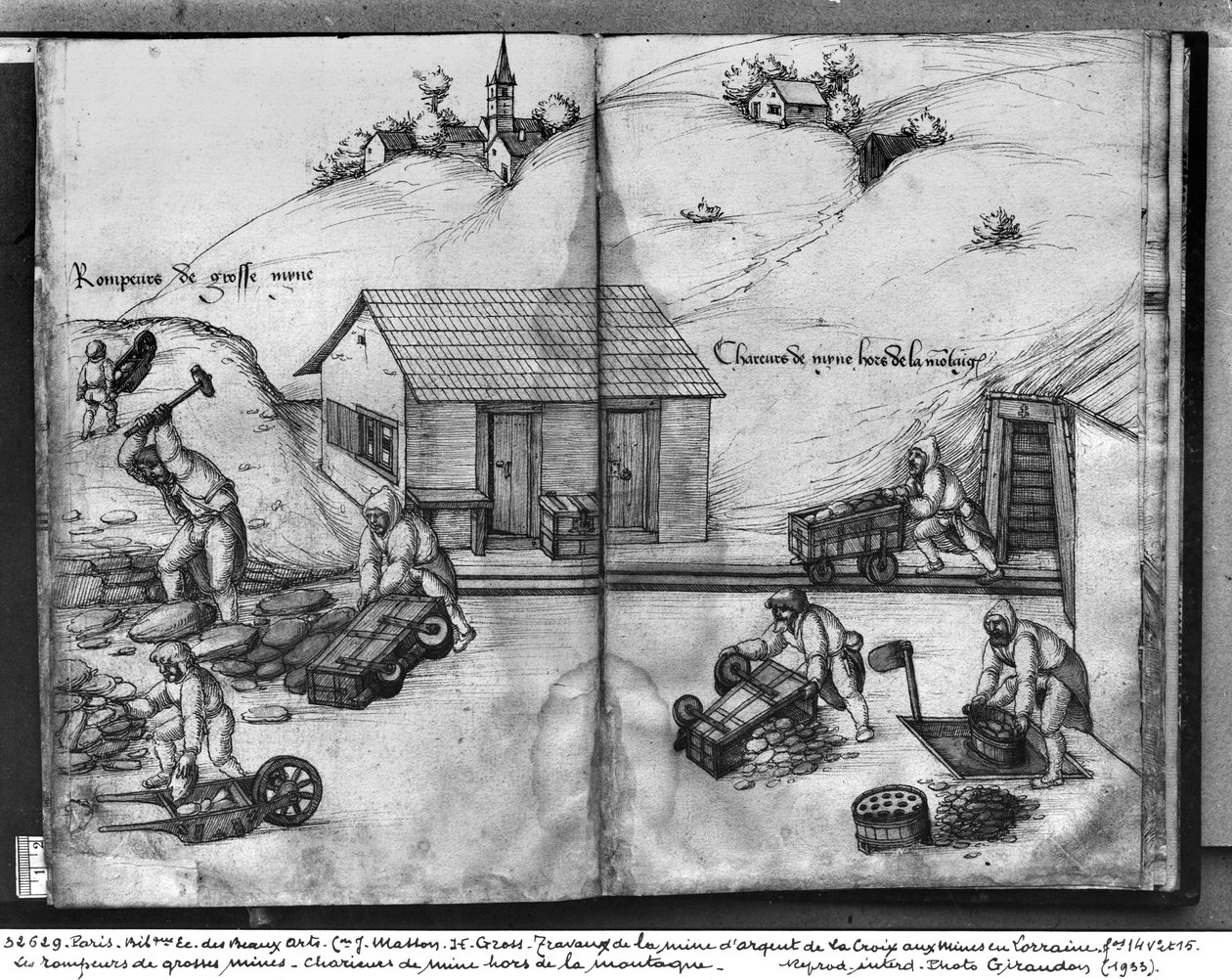La Croix-aux-Minesin hopeakaivos, Lorraine, fol.14v ja fol.15r, murtaa ja kantaa malmia, n. 1530 (kynä, muste ja wc paperilla) tekijältä Heinrich Gross or Groff