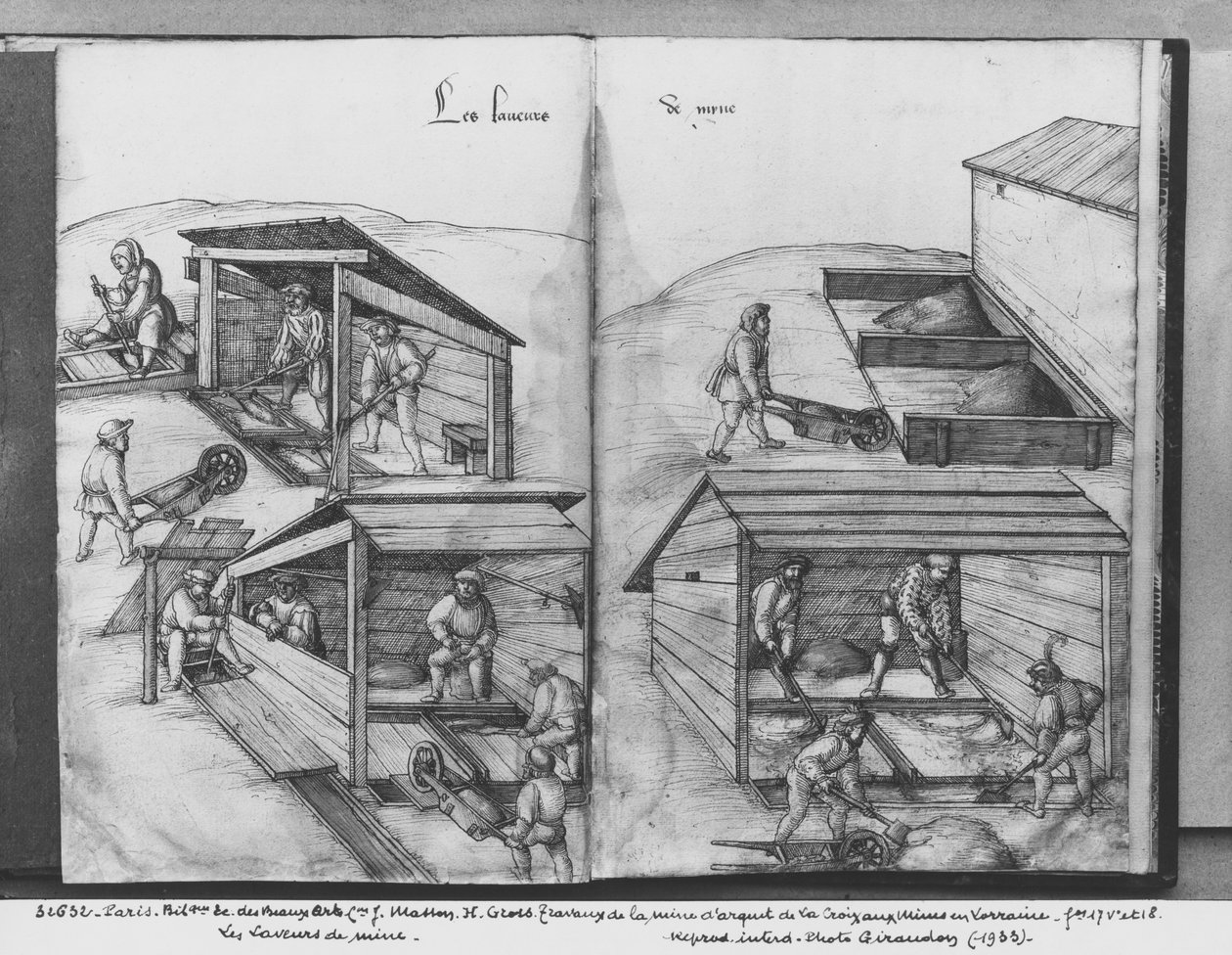La Croix-aux-Minesin hopeakaivos, Lorraine, fol.17v ja fol.18r, malmin pesu, n. 1530 (kynä, muste ja wc paperilla) tekijältä Heinrich Gross or Groff