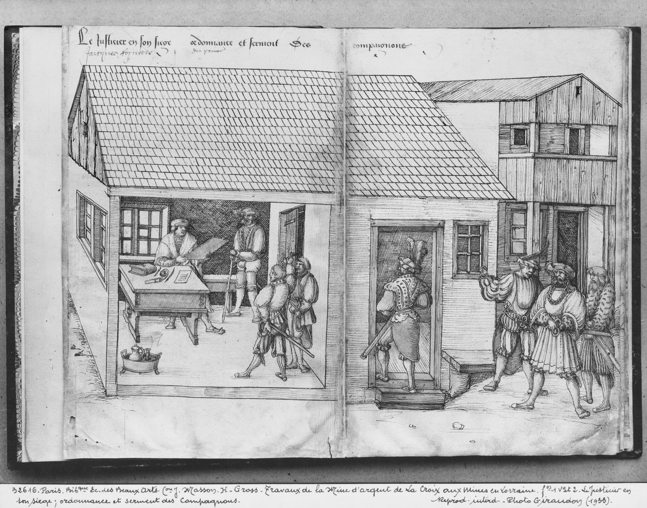 La Croix-aux-Minesin hopeakaivos, Lorraine, fol.1v ja fol.2, kaivostuomari, käsky ja seuralaisten vala, n. 1530 (kynä, muste ja wc paperilla) tekijältä Heinrich Gross or Groff