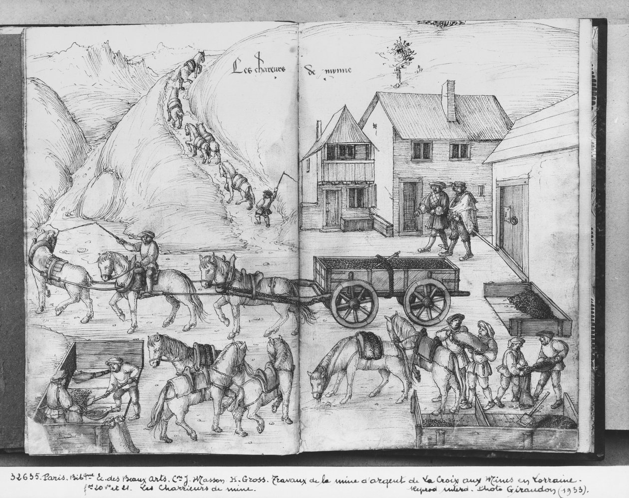 La Croix-aux-Minesin hopeakaivos, Lorraine, fol.20v ja fol.21r, kuljetti malmia, n. 1530 (kynä, muste ja wc paperilla) tekijältä Heinrich Gross or Groff
