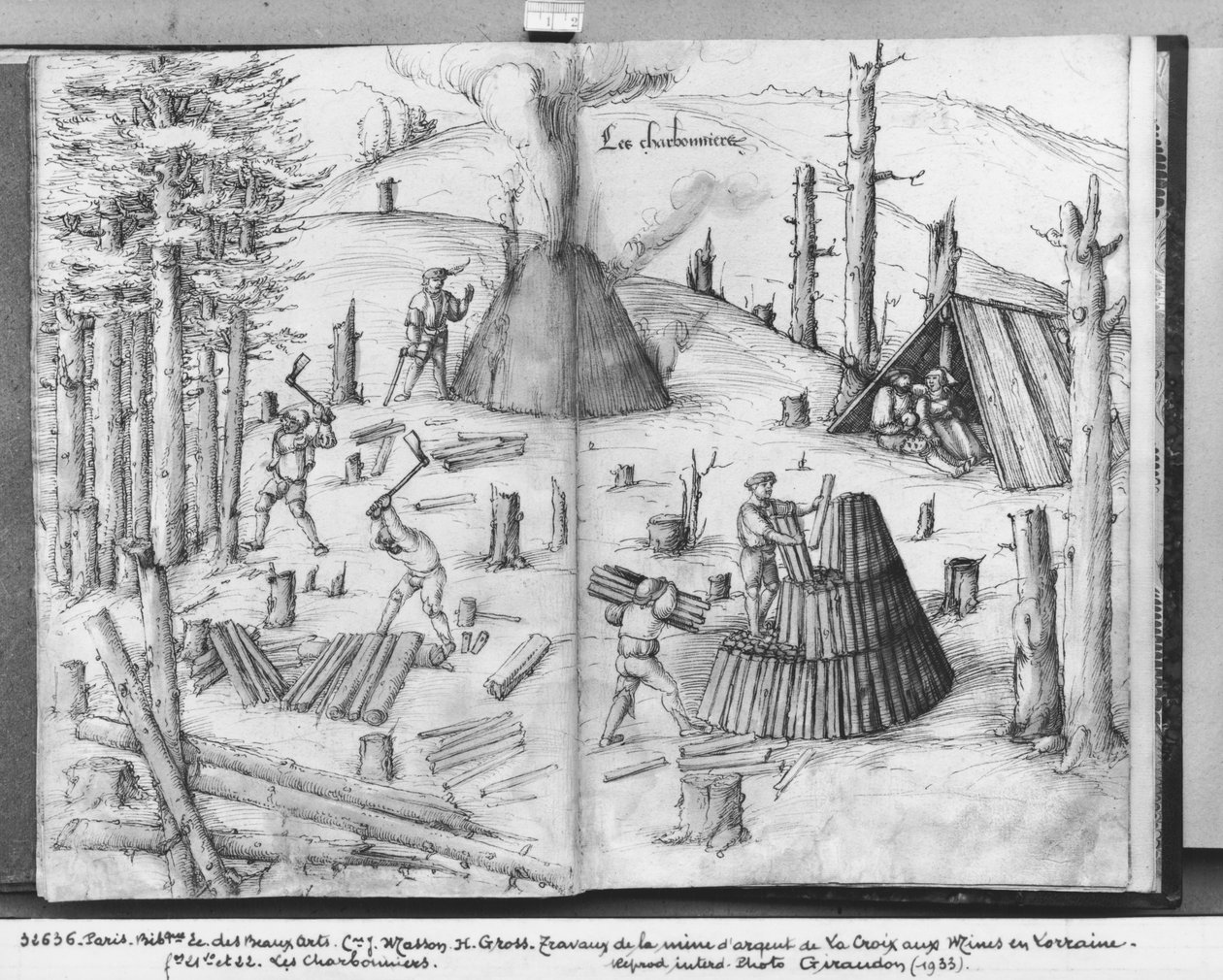 Hopeakaivos, La Croix-aux-Mines, Lorraine, fol.21v ja 22r, coalmen, n. 1530 (kynä, muste ja wc paperilla) tekijältä Heinrich Gross or Groff