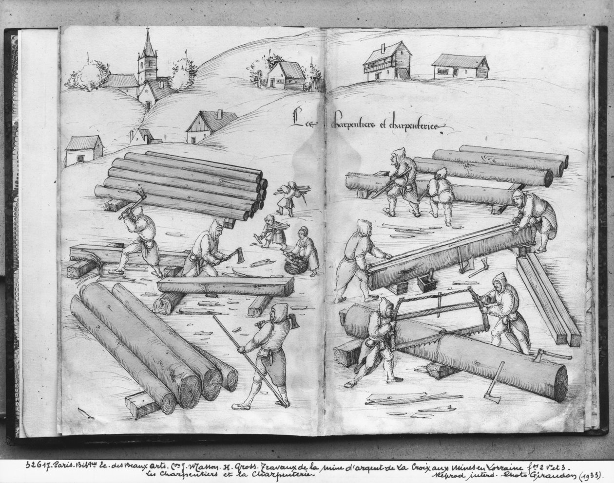 La Croix-aux-Minesin hopeakaivos, Lorraine, fol.2v ja fol.3r, kirvesmiehet ja puusepäntyöt, n. 1530 (kynä, muste ja wc paperilla) tekijältä Heinrich Gross or Groff