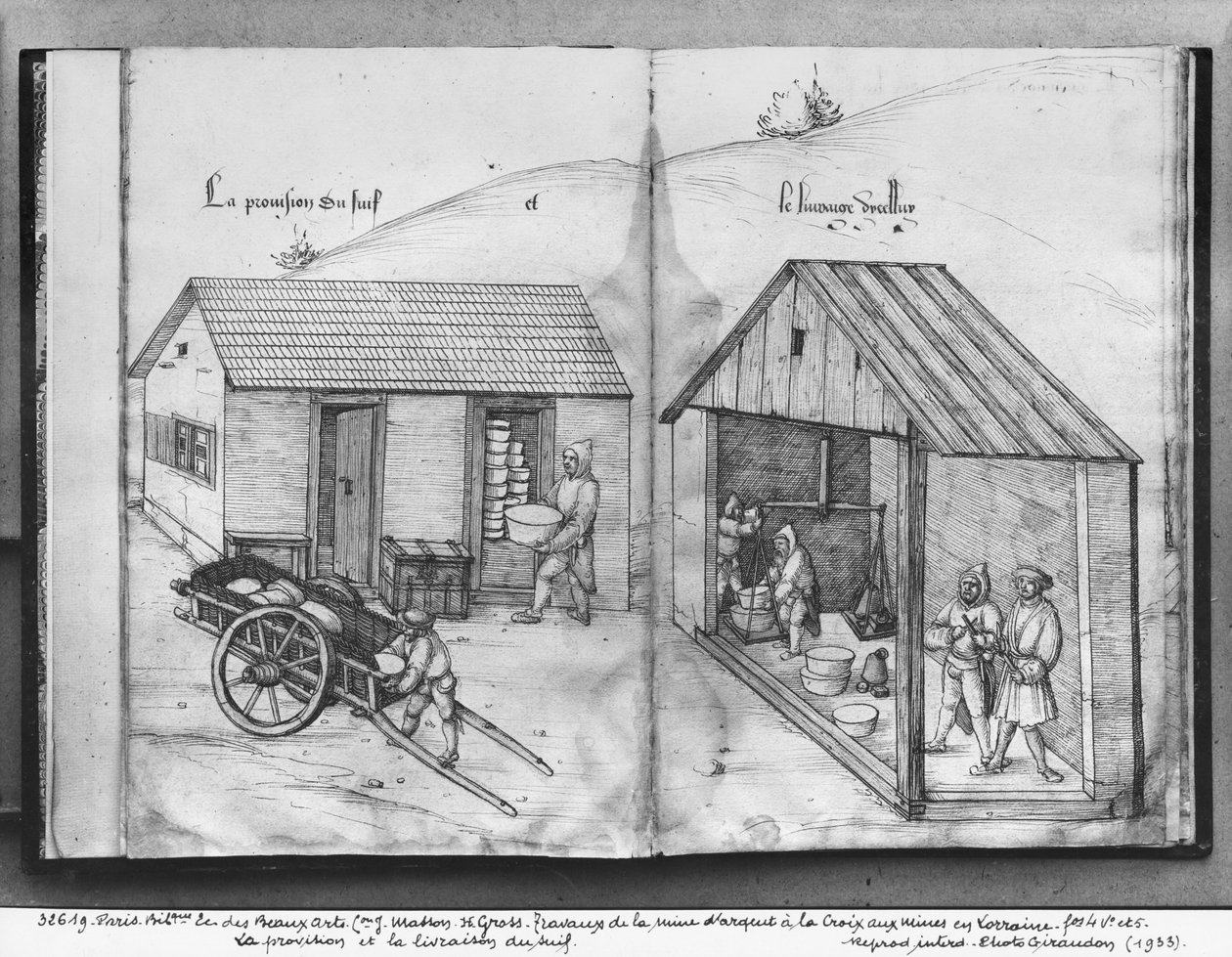 Hopeakaivos, La Croix-aux-Mines, Lorraine, fol.4v ja fol.5r, toimittaa ja toimittaa talia, n. 1530 (kynä, muste ja wc paperilla) tekijältä Heinrich Gross or Groff