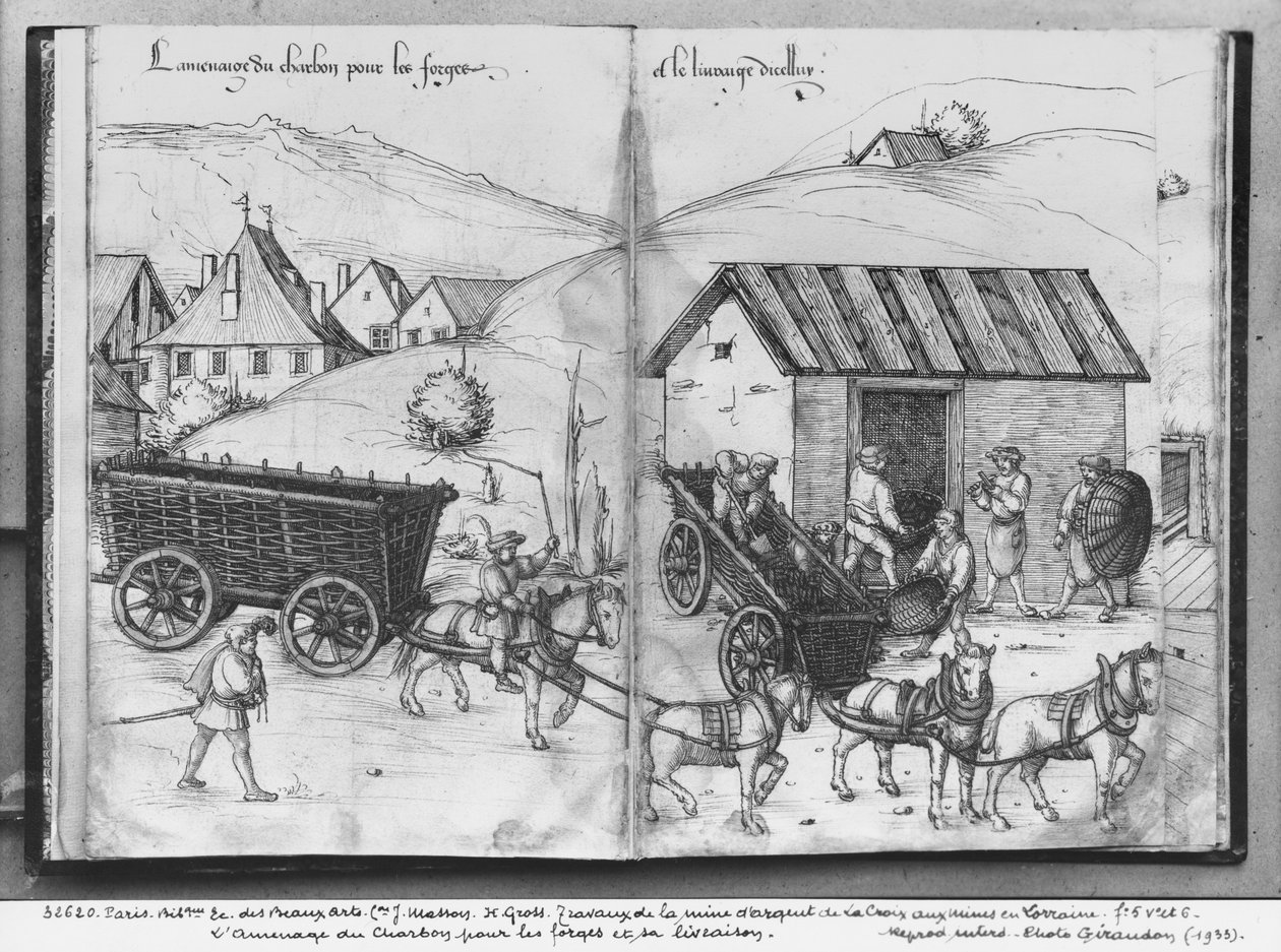 Hopeakaivos, La Croix-aux-Mines, Lorraine, fol.5v ja fol.6r, kuljettaa ja toimittaa hiiltä takomoihin, n. 1530 (kynä, muste ja wc paperilla) tekijältä Heinrich Gross or Groff