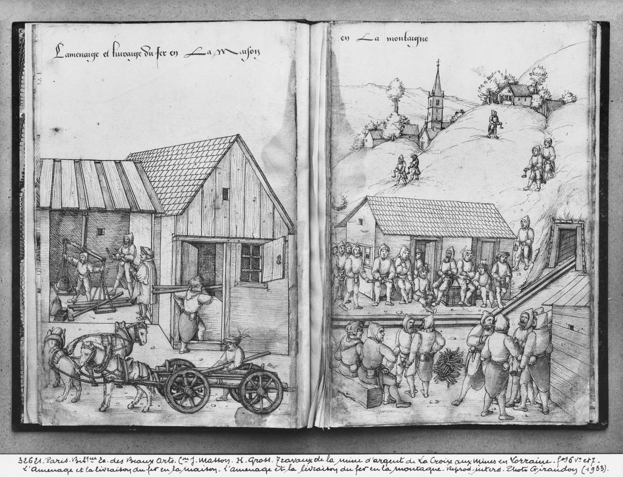 Hopeakaivos, La Croix-aux-Mines, Lorraine, fol.6vand fol.7r, toimittaa ja toimittaa rautaa, n. 1530 (kynä, muste ja wc paperilla) tekijältä Heinrich Gross or Groff
