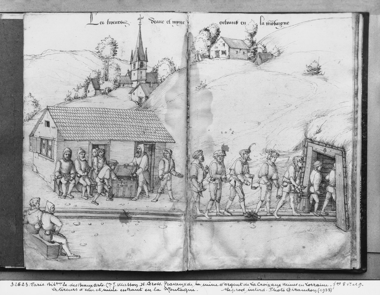 La Croix-aux-Minesin hopeakaivos, Lorraine, fol.8v ja fol.9r, kaivostyöläiset saapuvat kaivokseen, n. 1530 (kynä, muste ja wc paperilla) tekijältä Heinrich Gross or Groff