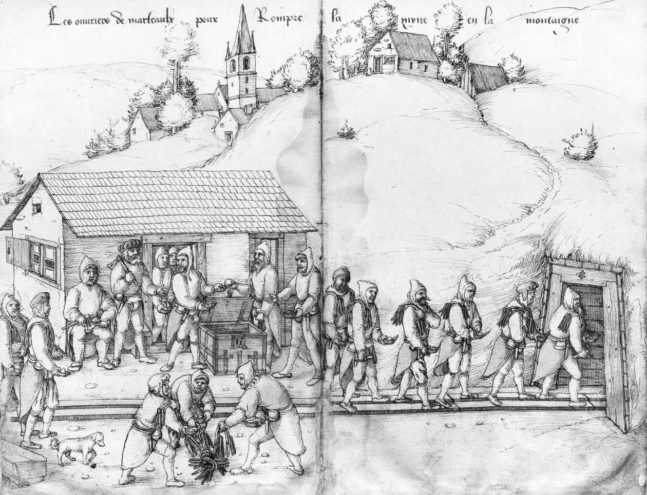 La Croix-aux-Minesin hopeakaivos, Lorraine, fol.9v ja fol.10r, kaivostyöläiset ja heidän vasaransa, n. 1530 (kynä, muste ja wc paperilla) tekijältä Heinrich Gross or Groff