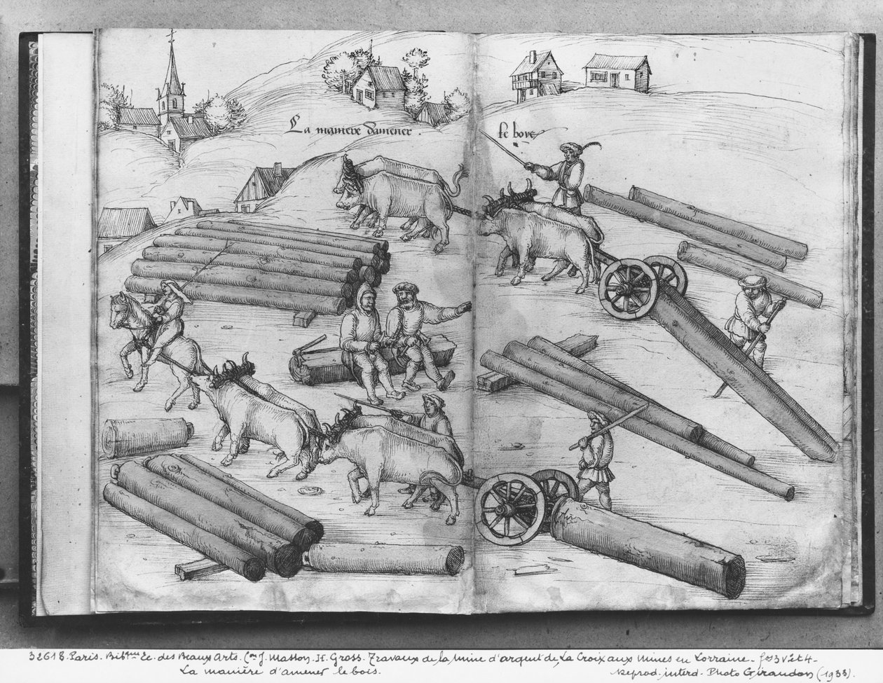 Hopeakaivos, La Croix-aux-Mines, Lorraine, fol.3v ja 4r, kuljettaa puuta, n. 1530 (kynä, muste ja wc paperilla) tekijältä Heinrich Gross or Groff