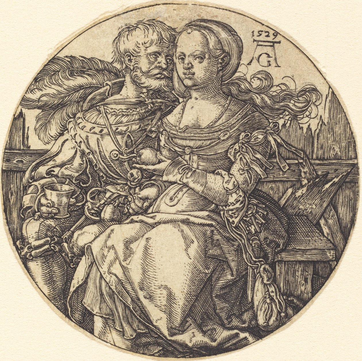 Pari rakastavaista istuu, 1529. tekijältä Heinrich Aldegrever